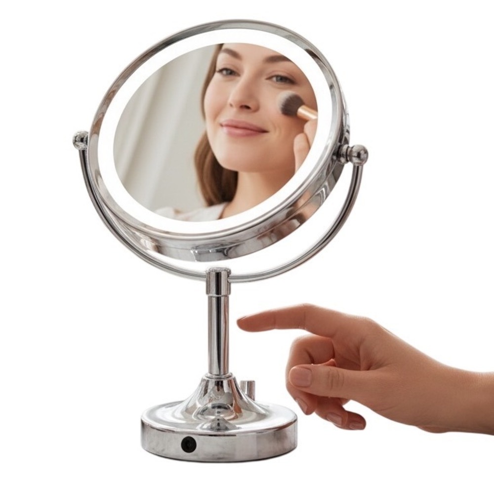 Lighted Vanity Mirror Chrome Round Double sided 15" Make Up Mirror Bathroom Girl